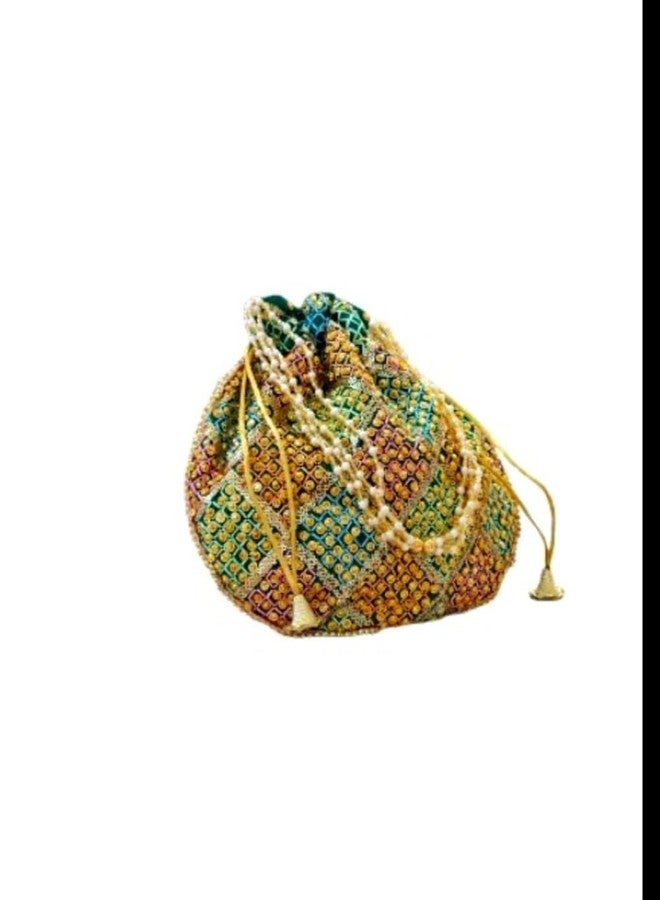 SuneshCreation Pearl Handle Vintage Floral Knitted Drawstring Potli Bag,Multicolour Pattern, Casual Style,Evening Wedding Party Festival Purse (green) - Image 4